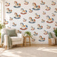 Rocking Horse Wall Stickers, Vintage Toy Nursery Decor, Folk Art Rocking Horse Wall Decals, Blue Red Cream Kids Room Peel and Stick Art