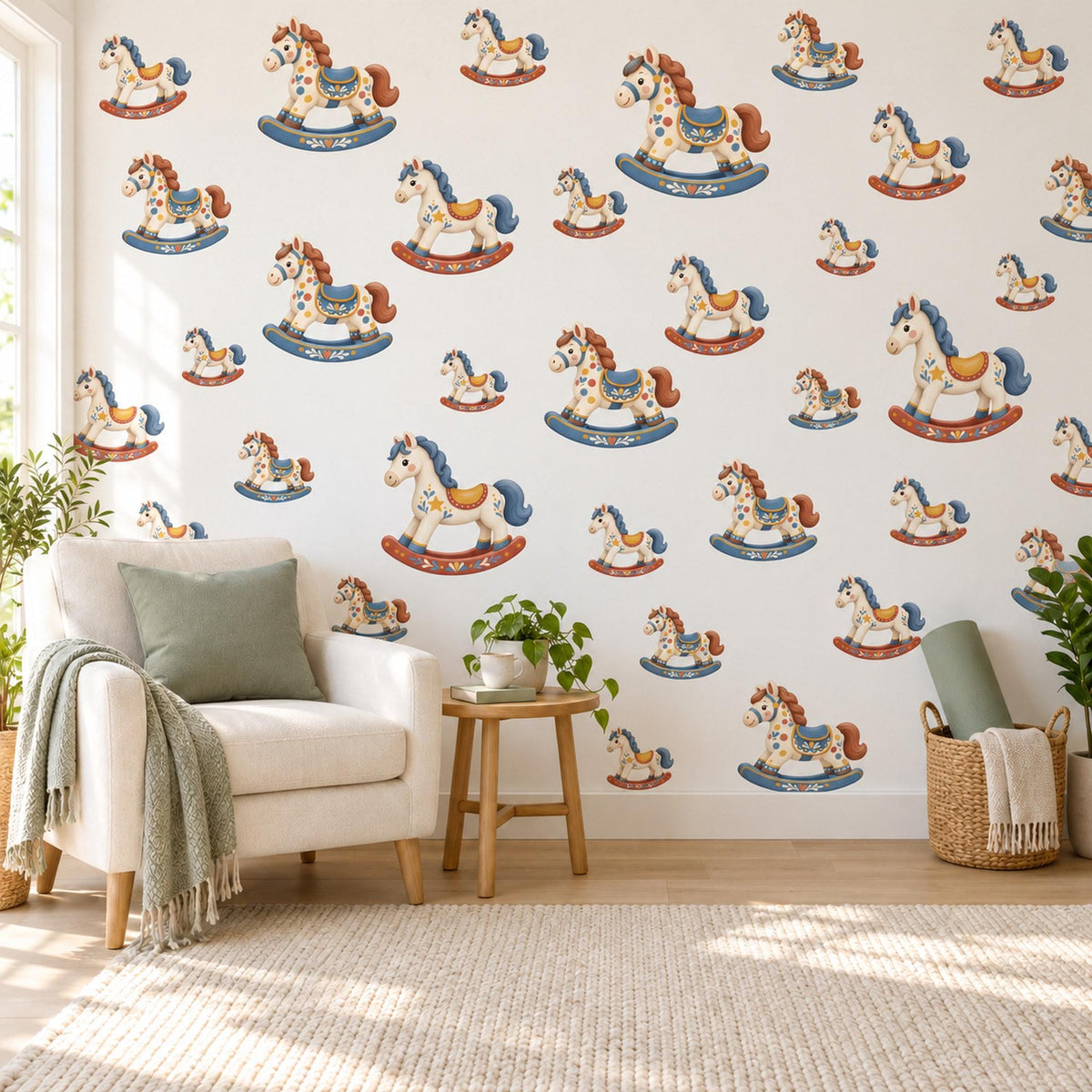 Rocking Horse Wall Stickers, Vintage Toy Nursery Decor, Folk Art Rocking Horse Wall Decals, Blue Red Cream Kids Room Peel and Stick Art