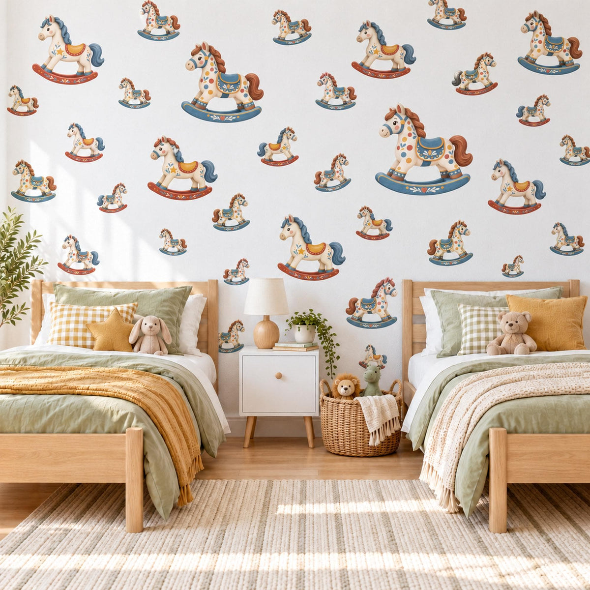 Rocking Horse Wall Stickers, Vintage Toy Nursery Decor, Folk Art Rocking Horse Wall Decals, Blue Red Cream Kids Room Peel and Stick Art