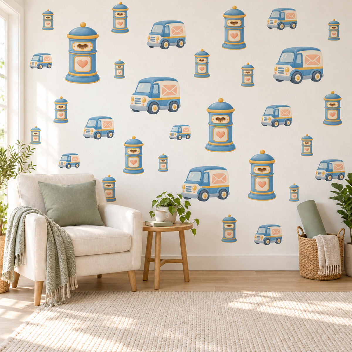 Post Box Wall Stickers, Mail Van Nursery Decor, Postbox and Heart Letter Wall Decals, Blue Peach Kids Room Peel and Stick Wall Art
