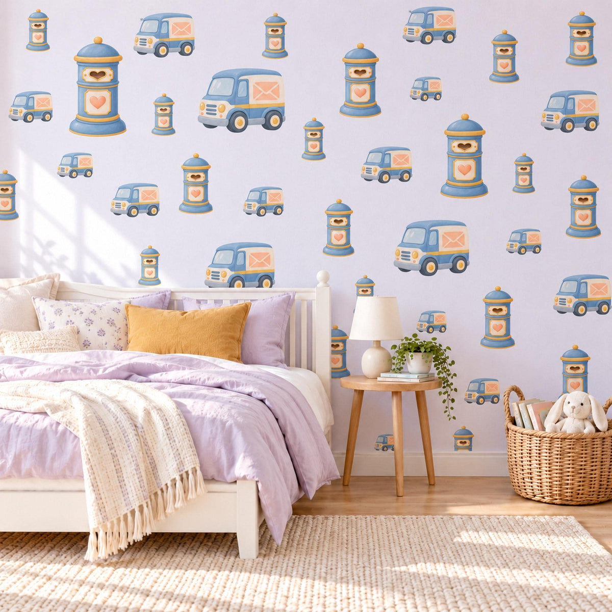 Post Box Wall Stickers, Mail Van Nursery Decor, Postbox and Heart Letter Wall Decals, Blue Peach Kids Room Peel and Stick Wall Art