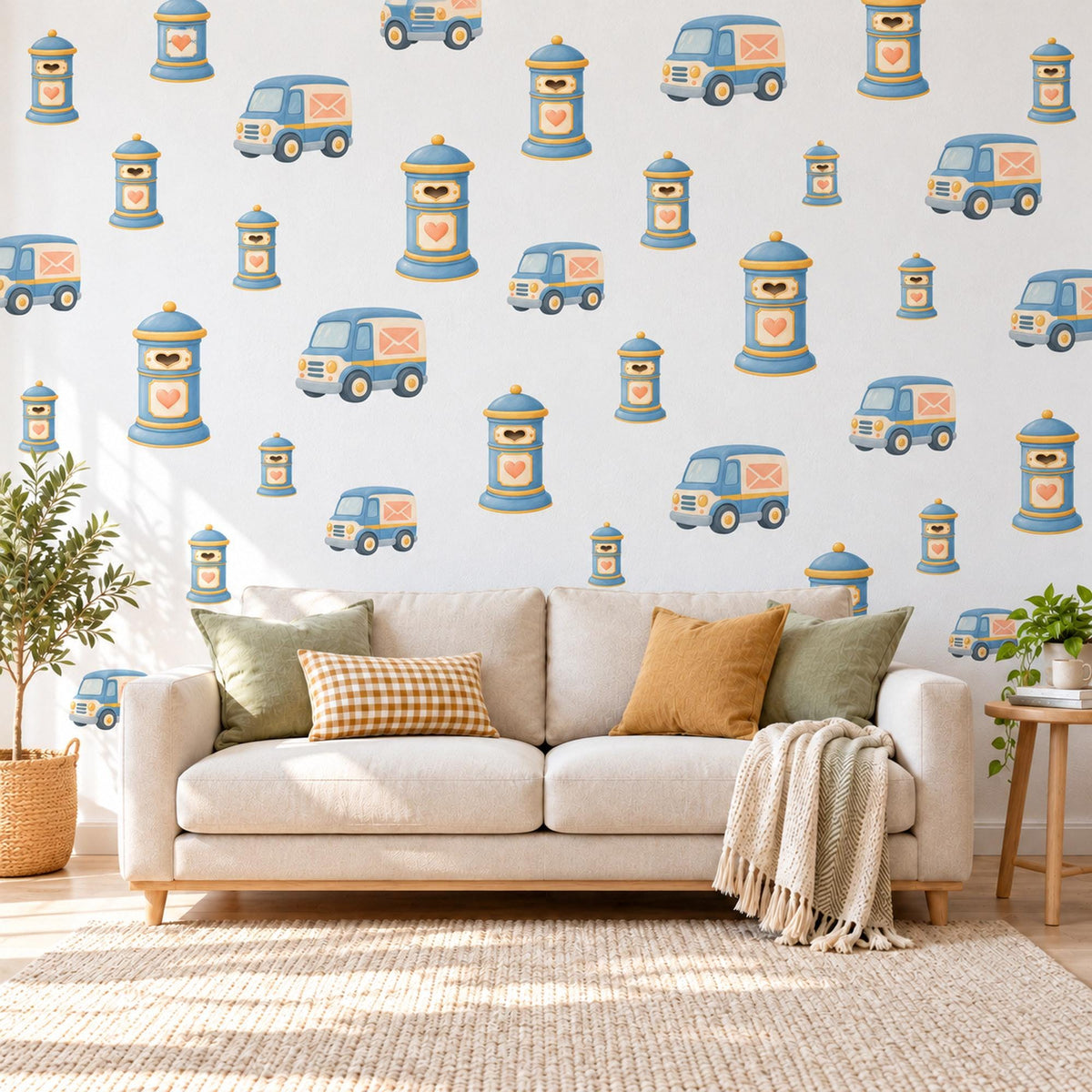 Post Box Wall Stickers, Mail Van Nursery Decor, Postbox and Heart Letter Wall Decals, Blue Peach Kids Room Peel and Stick Wall Art