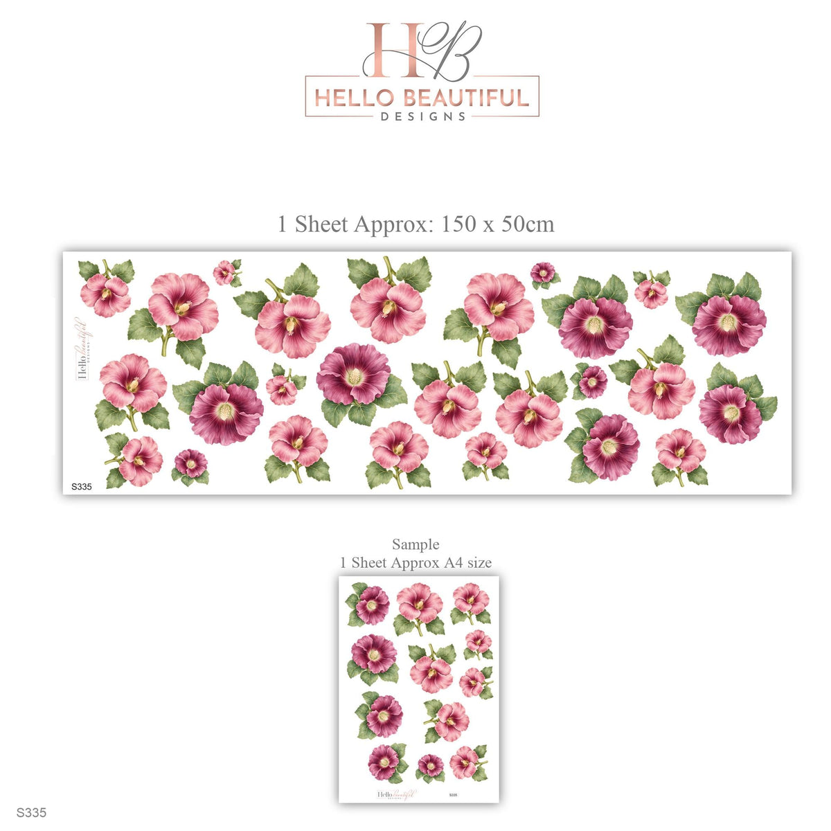 Hollyhock Wall Stickers, Pink Flower Nursery Decor, Cottage Garden Hollyhock Wall Decals, Rose Plum Floral Girls Room Peel and Stick Art