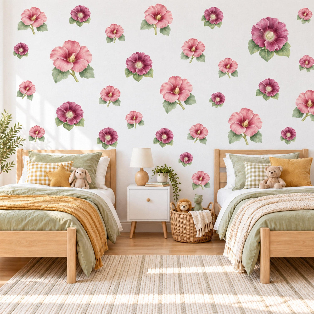 Hollyhock Wall Stickers, Pink Flower Nursery Decor, Cottage Garden Hollyhock Wall Decals, Rose Plum Floral Girls Room Peel and Stick Art