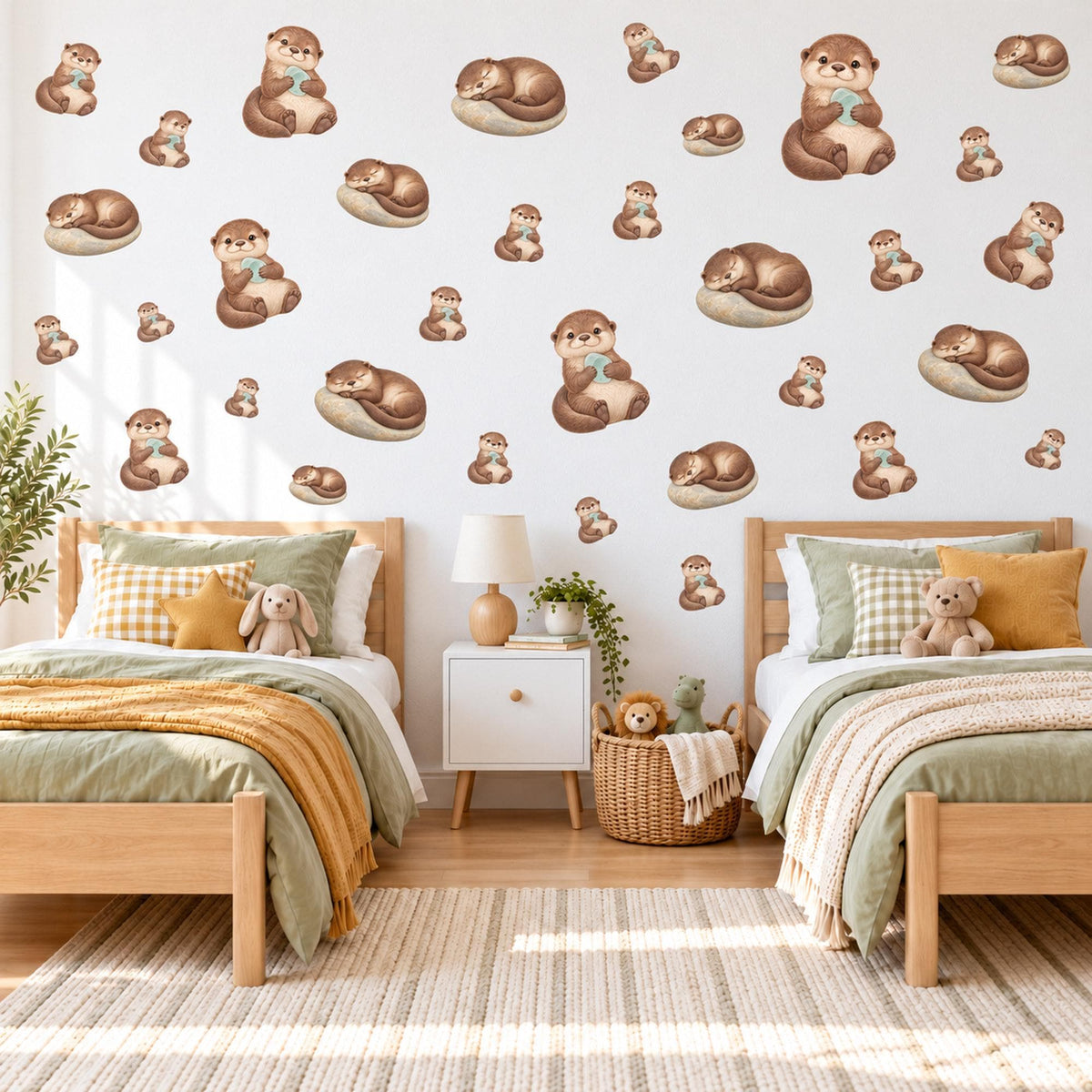 Otter Wall Stickers, Baby Otter Nursery Decor, Sleepy Otters and Pebbles Wall Decals, Brown Neutral River Animal Kids Peel and Stick Art