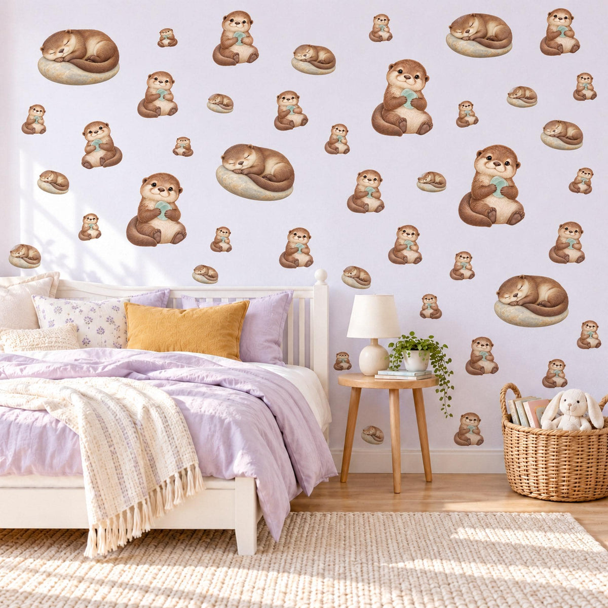 Otter Wall Stickers, Baby Otter Nursery Decor, Sleepy Otters and Pebbles Wall Decals, Brown Neutral River Animal Kids Peel and Stick Art