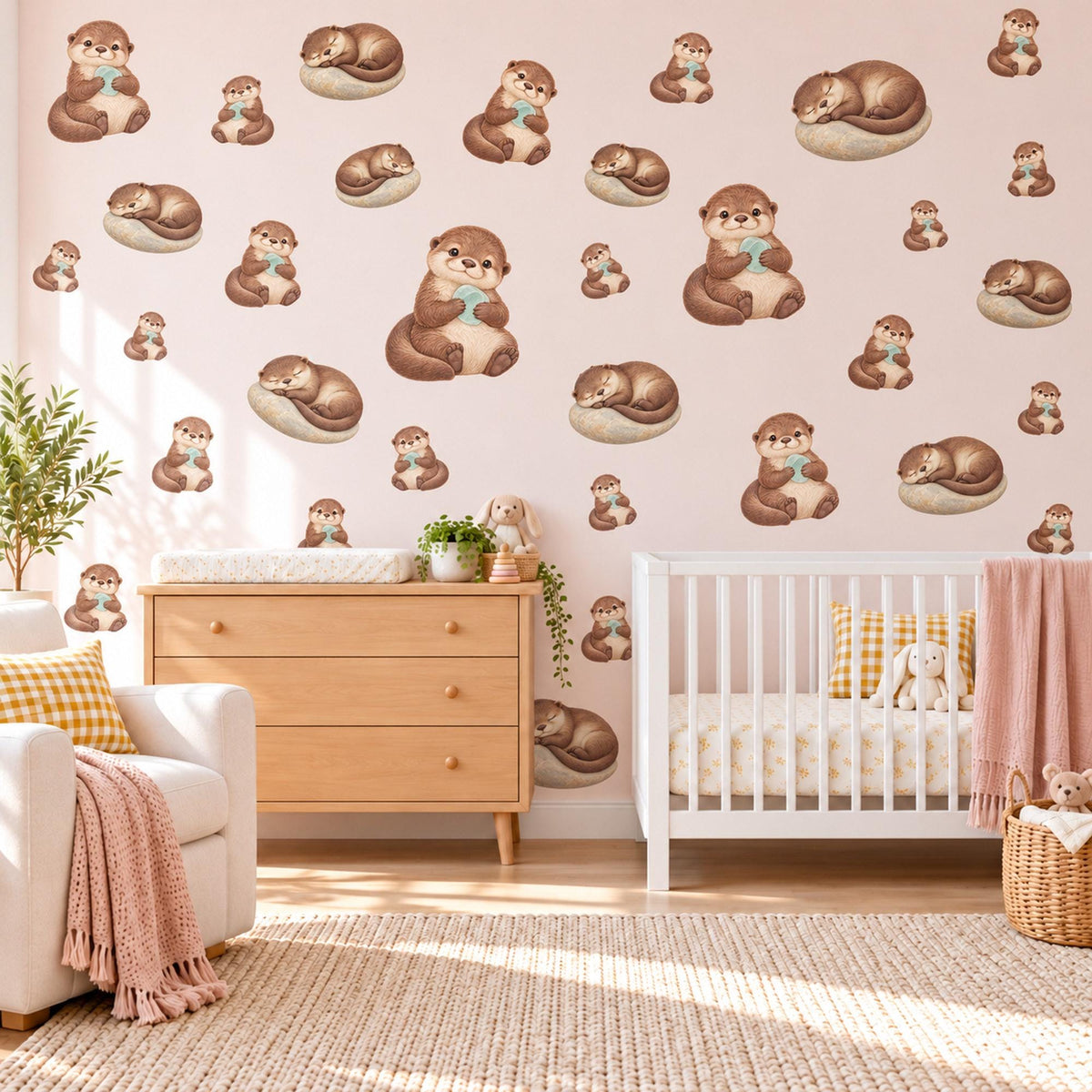 Otter Wall Stickers, Baby Otter Nursery Decor, Sleepy Otters and Pebbles Wall Decals, Brown Neutral River Animal Kids Peel and Stick Art