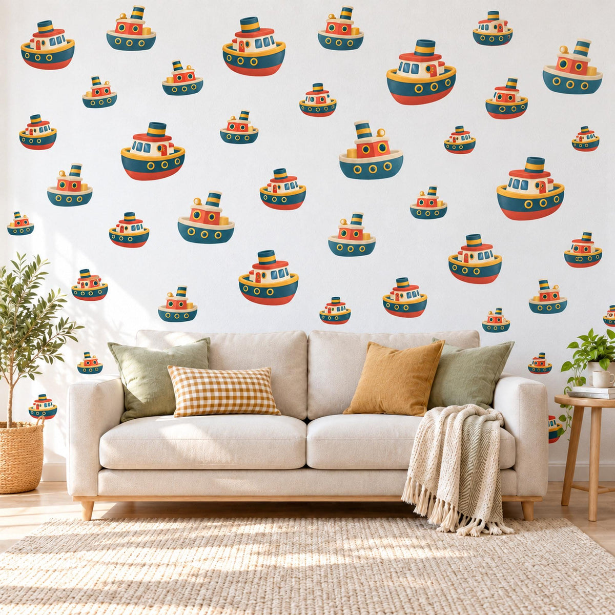 Tugboat Wall Stickers, Toy Boat Nursery Decor, Nautical Tug Boat Wall Decals, Navy Red Mustard Boys Room Peel and Stick Wall Art