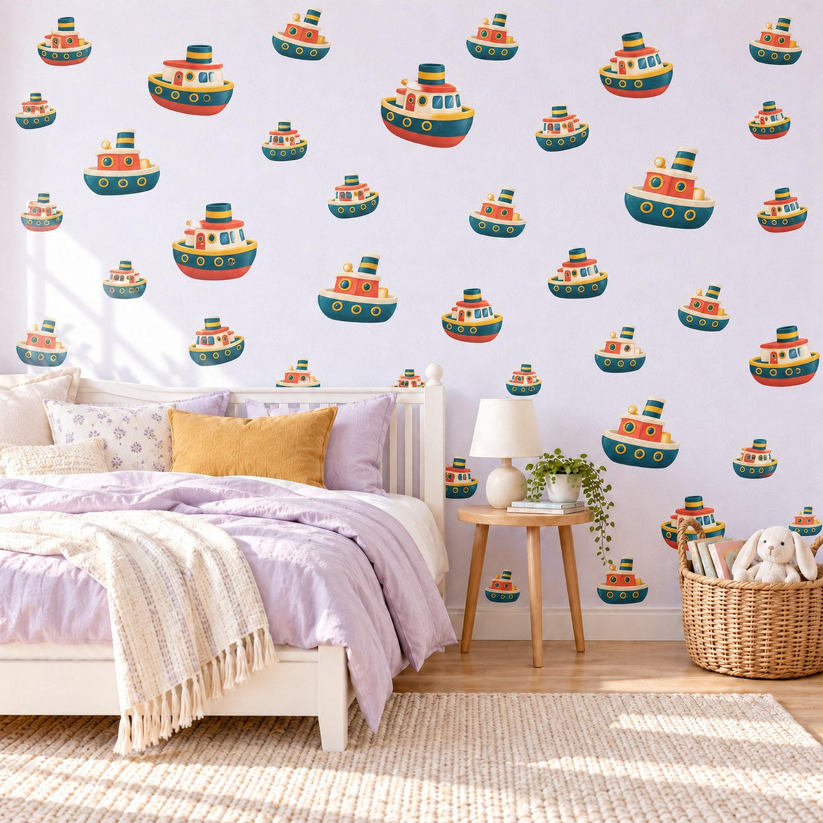 Tugboat Wall Stickers, Toy Boat Nursery Decor, Nautical Tug Boat Wall Decals, Navy Red Mustard Boys Room Peel and Stick Wall Art