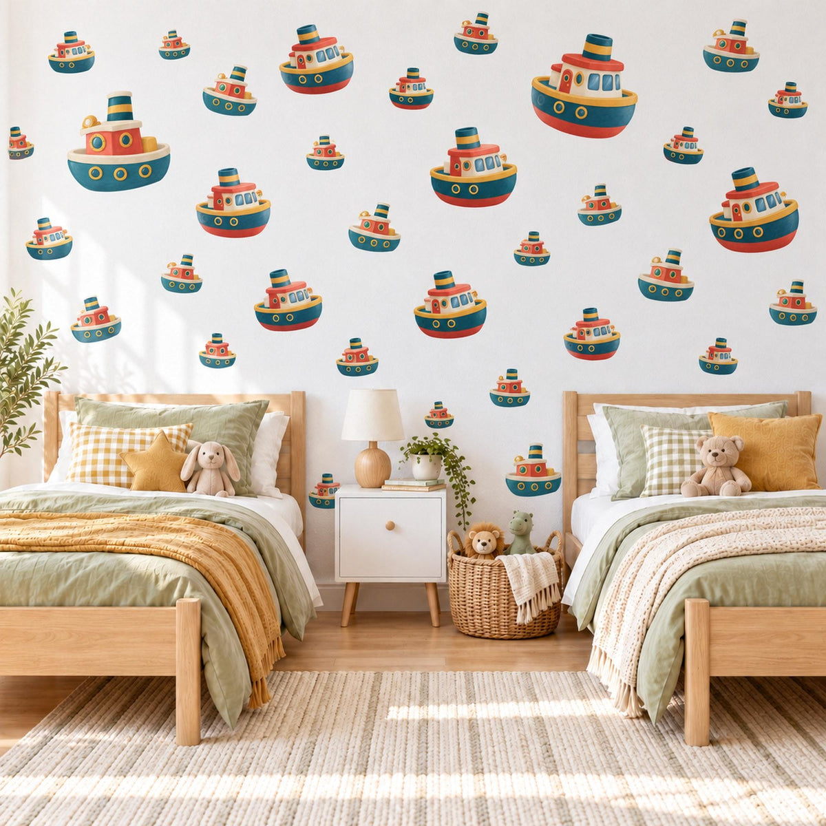 Tugboat Wall Stickers, Toy Boat Nursery Decor, Nautical Tug Boat Wall Decals, Navy Red Mustard Boys Room Peel and Stick Wall Art