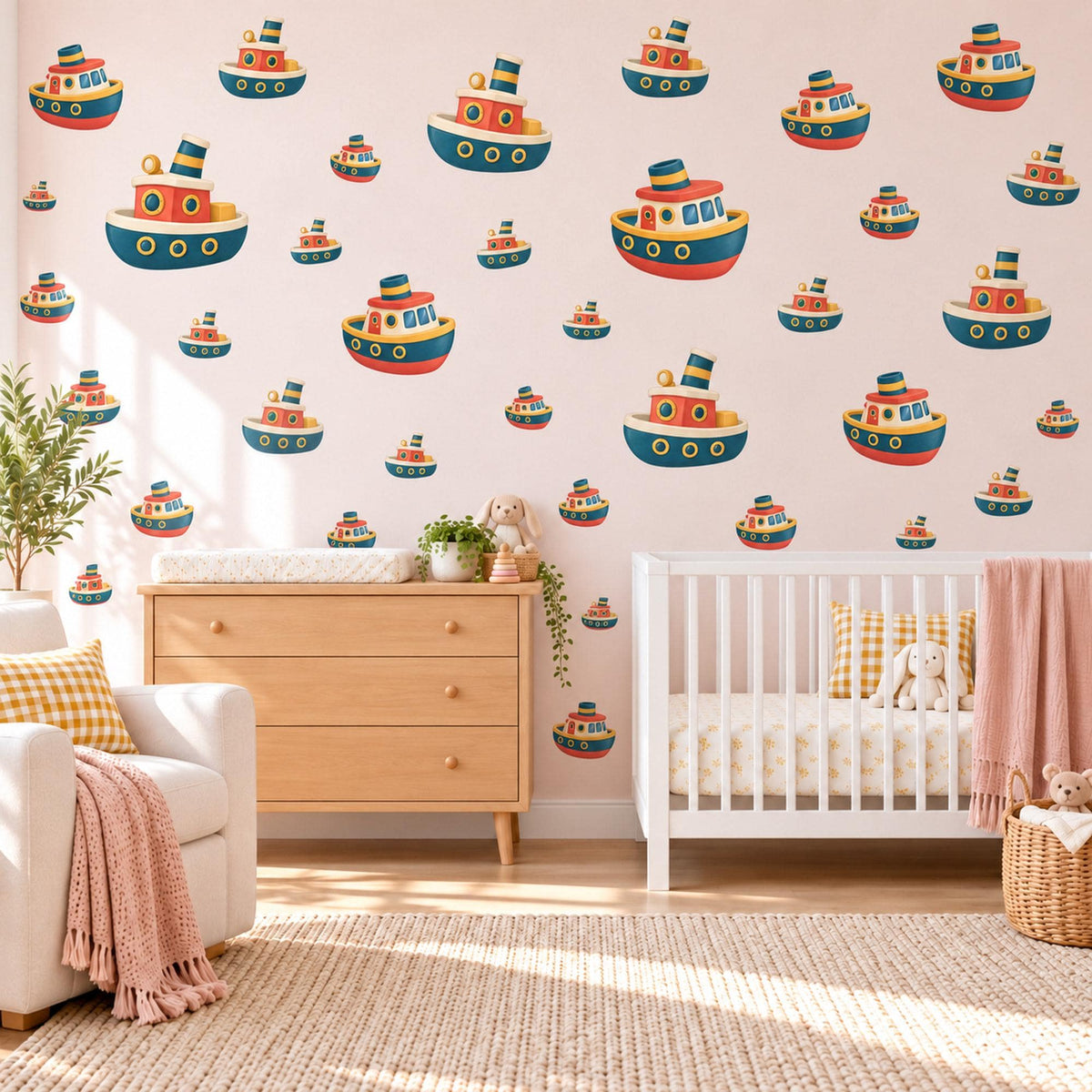 Tugboat Wall Stickers, Toy Boat Nursery Decor, Nautical Tug Boat Wall Decals, Navy Red Mustard Boys Room Peel and Stick Wall Art