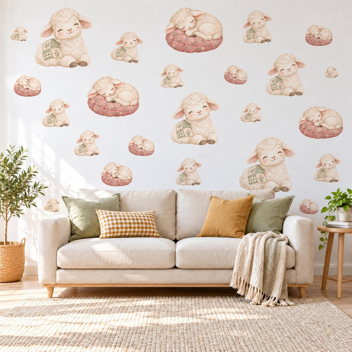 Lamb Wall Stickers, Baby Sheep Nursery Decor, Sleepy Lambs and Patchwork Wall Decals, Cream Dusty Pink Sage Kids Room Peel and Stick Art