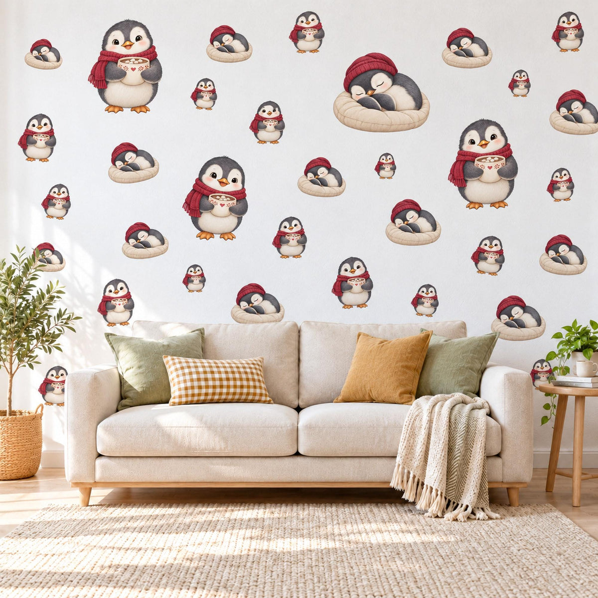 Penguin Wall Stickers, Christmas Penguin Nursery Decor, Hot Cocoa Penguins Wall Decals, Red Grey Winter Kids Room Peel and Stick Wall Art