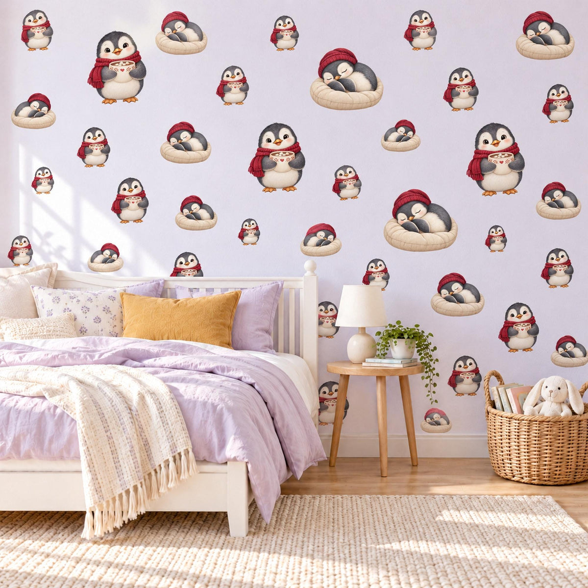 Penguin Wall Stickers, Christmas Penguin Nursery Decor, Hot Cocoa Penguins Wall Decals, Red Grey Winter Kids Room Peel and Stick Wall Art