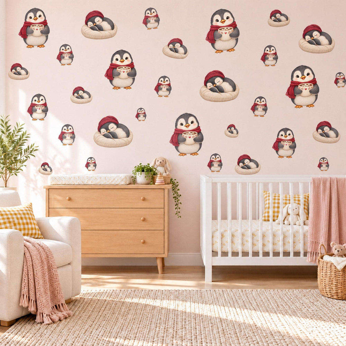 Penguin Wall Stickers, Christmas Penguin Nursery Decor, Hot Cocoa Penguins Wall Decals, Red Grey Winter Kids Room Peel and Stick Wall Art