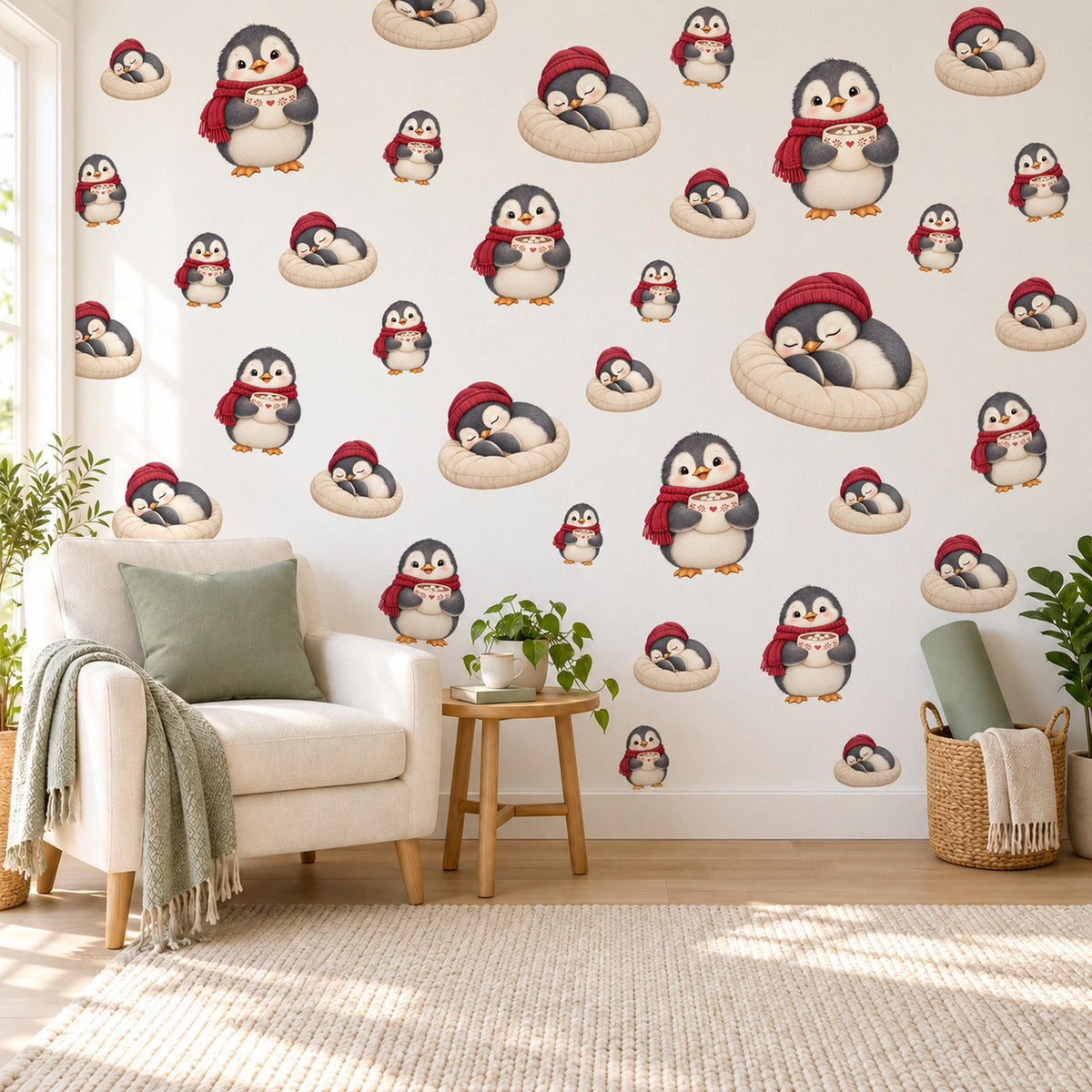 Penguin Wall Stickers, Christmas Penguin Nursery Decor, Hot Cocoa Penguins Wall Decals, Red Grey Winter Kids Room Peel and Stick Wall Art