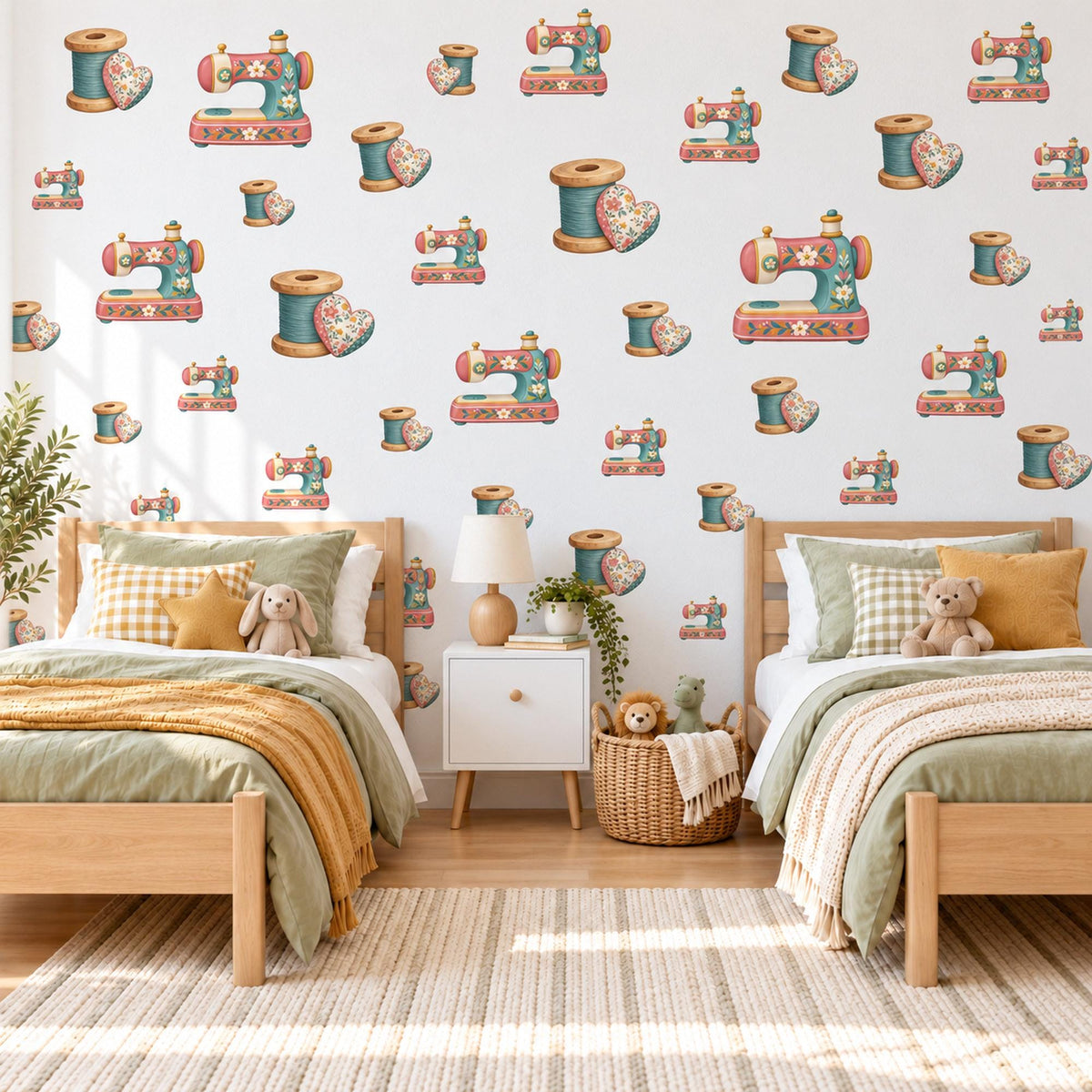 Sewing Wall Stickers, Vintage Sewing Machine Decor, Thread Spool and Pincushion Wall Decals, Coral Teal Craft Room Peel and Stick Wall Art