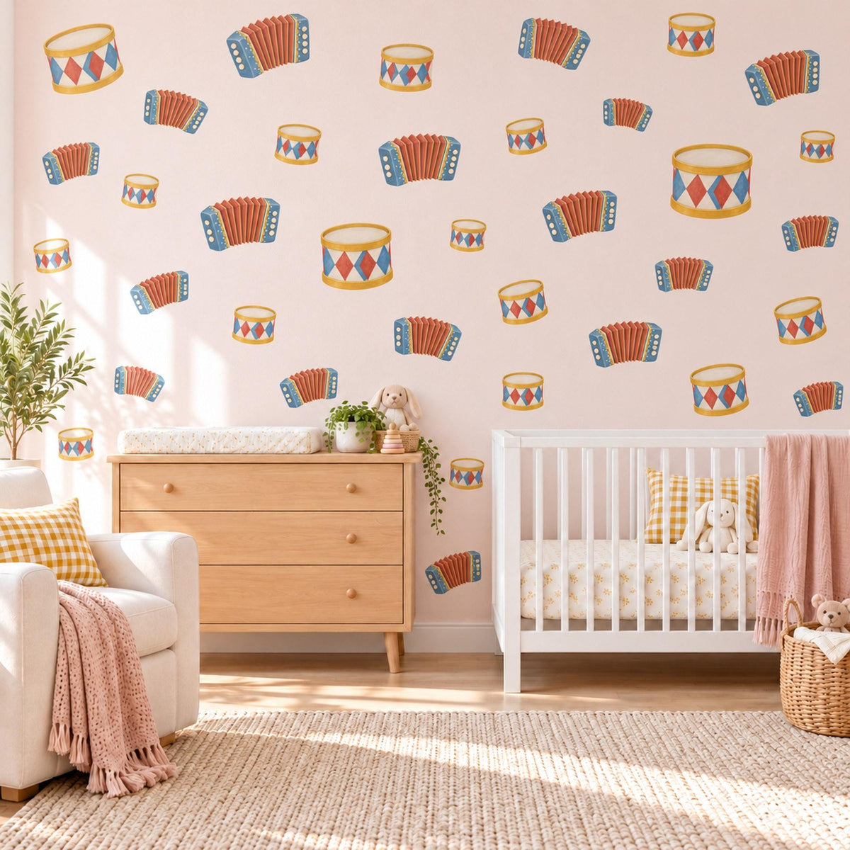 Toy Drum Wall Stickers, Circus Drum and Accordion Nursery Decor, Vintage Music Toy Wall Decals, Red Blue Gold Kids Peel and Stick Wall Art