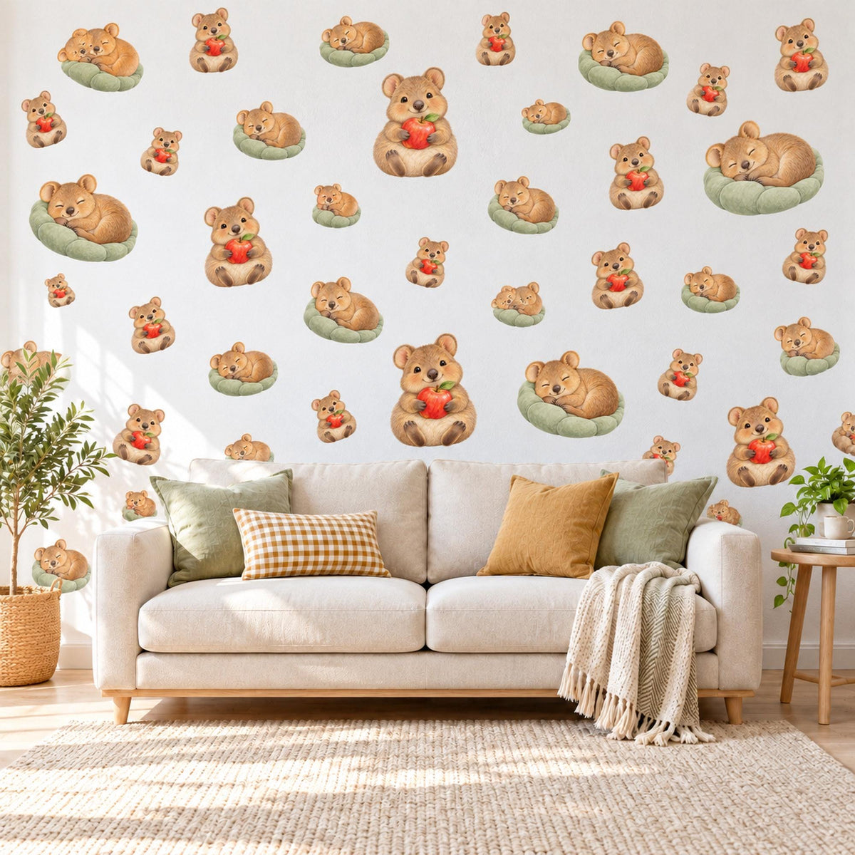 Quokka Wall Stickers, Australian Animal Nursery Decor, Cute Quokkas with Apples Wall Decals, Caramel Sage Red Kids Room Peel and Stick Art