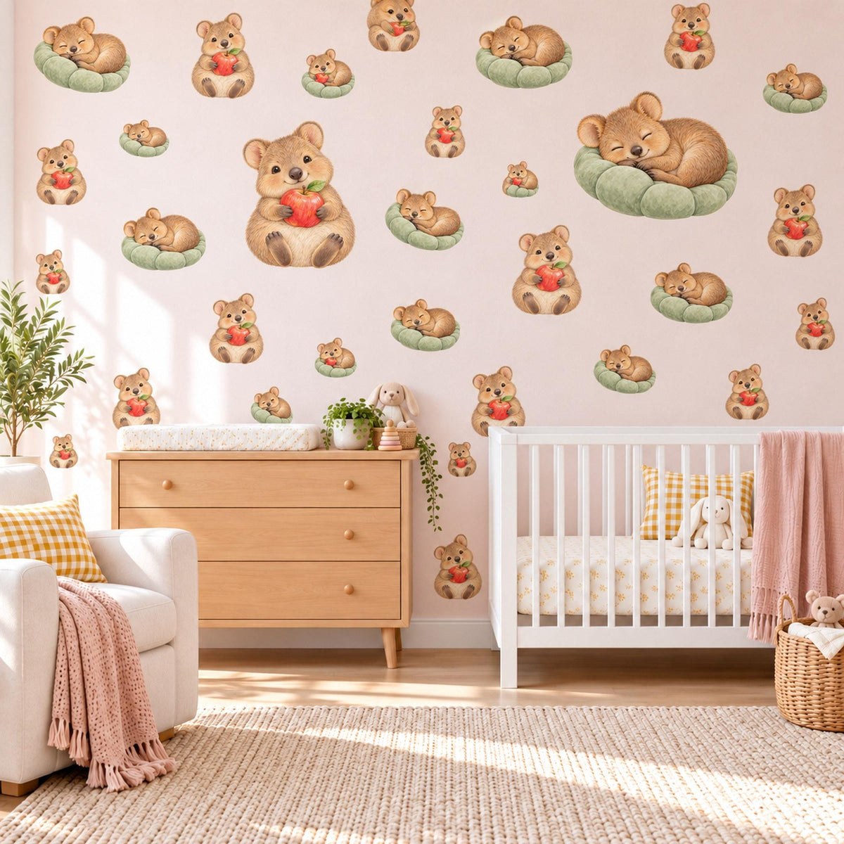 Quokka Wall Stickers, Australian Animal Nursery Decor, Cute Quokkas with Apples Wall Decals, Caramel Sage Red Kids Room Peel and Stick Art