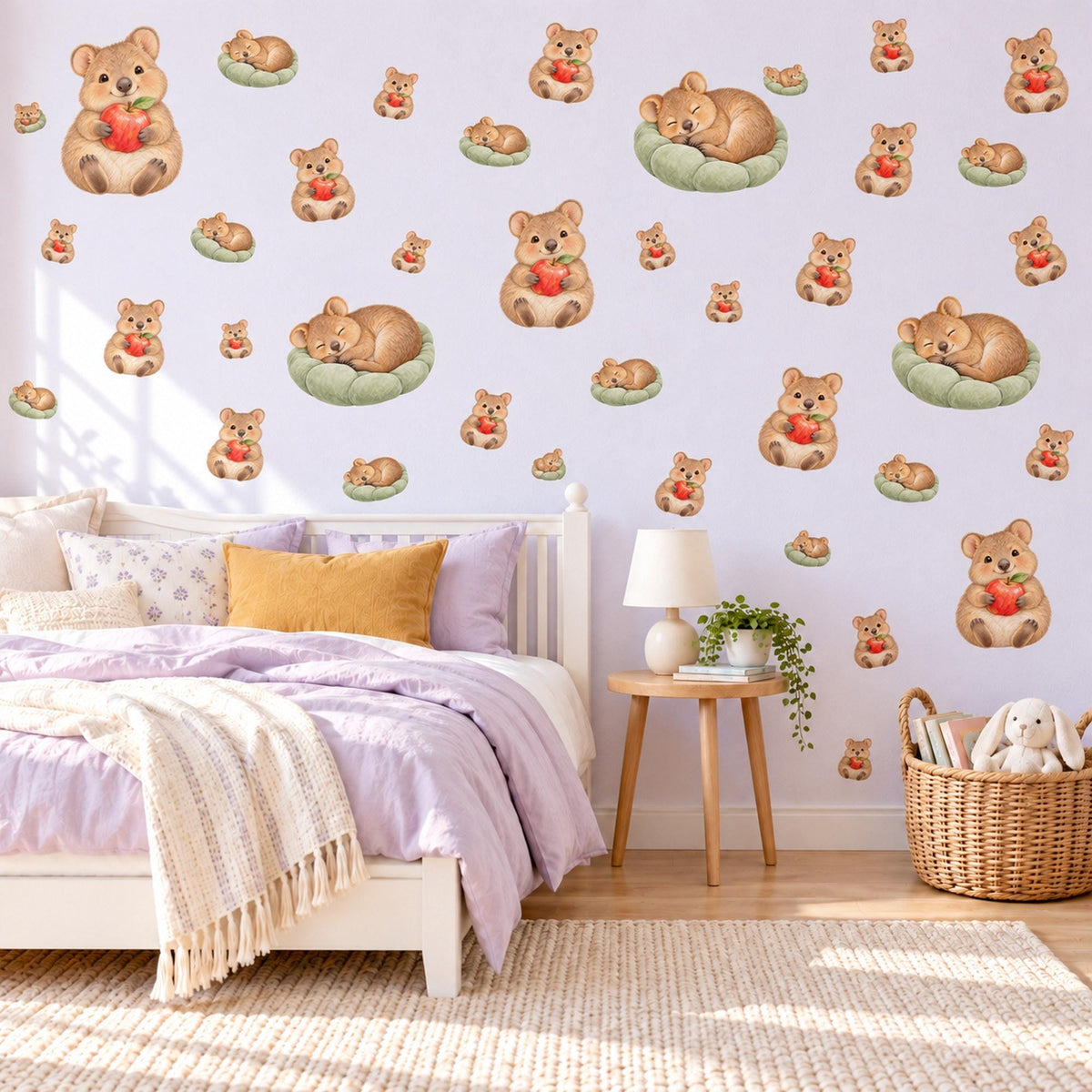 Quokka Wall Stickers, Australian Animal Nursery Decor, Cute Quokkas with Apples Wall Decals, Caramel Sage Red Kids Room Peel and Stick Art