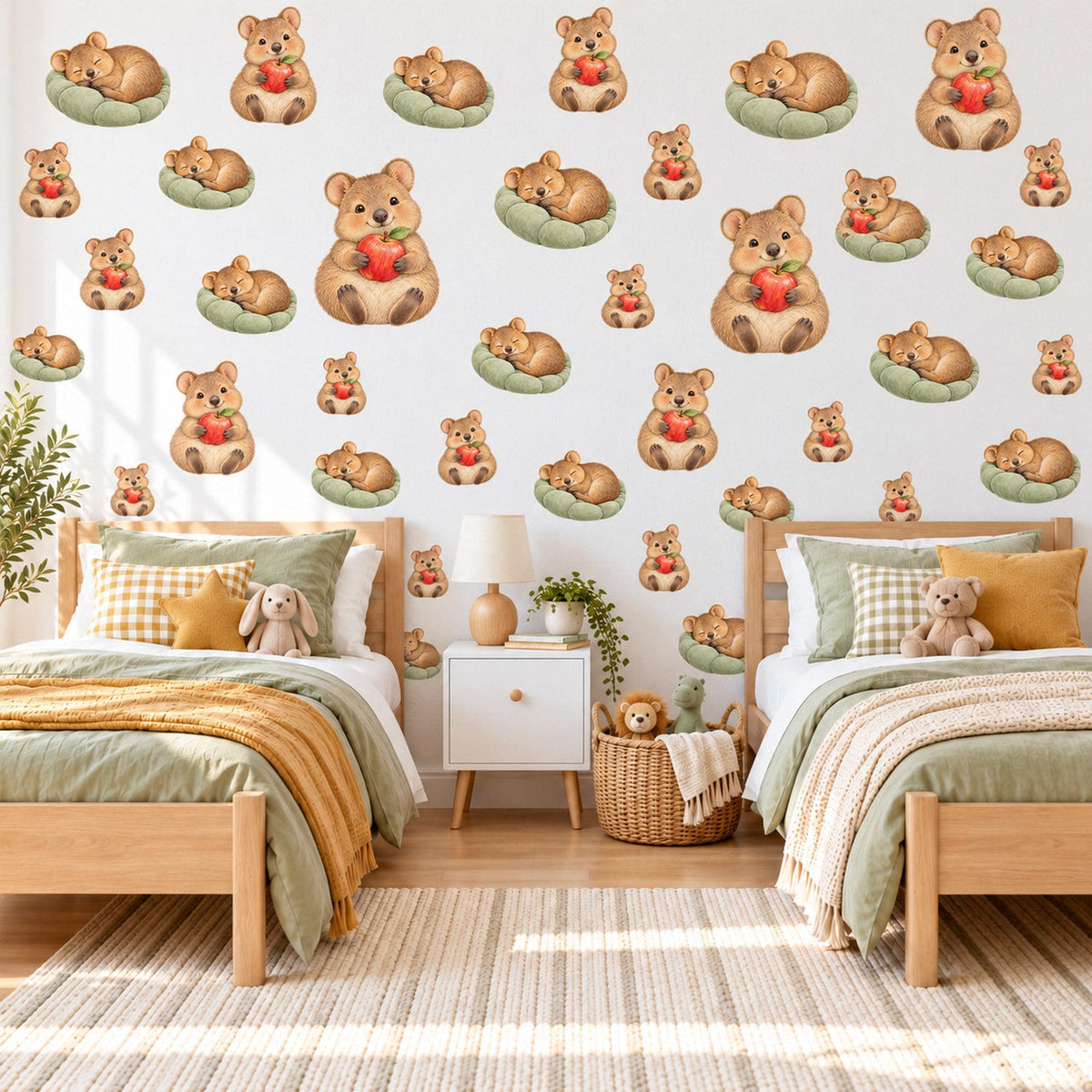 Quokka Wall Stickers, Australian Animal Nursery Decor, Cute Quokkas with Apples Wall Decals, Caramel Sage Red Kids Room Peel and Stick Art