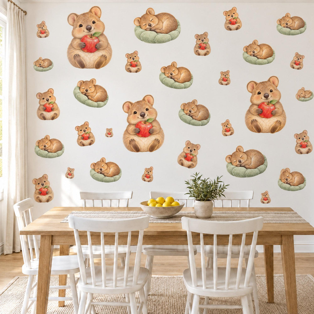 Quokka Wall Stickers, Australian Animal Nursery Decor, Cute Quokkas with Apples Wall Decals, Caramel Sage Red Kids Room Peel and Stick Art