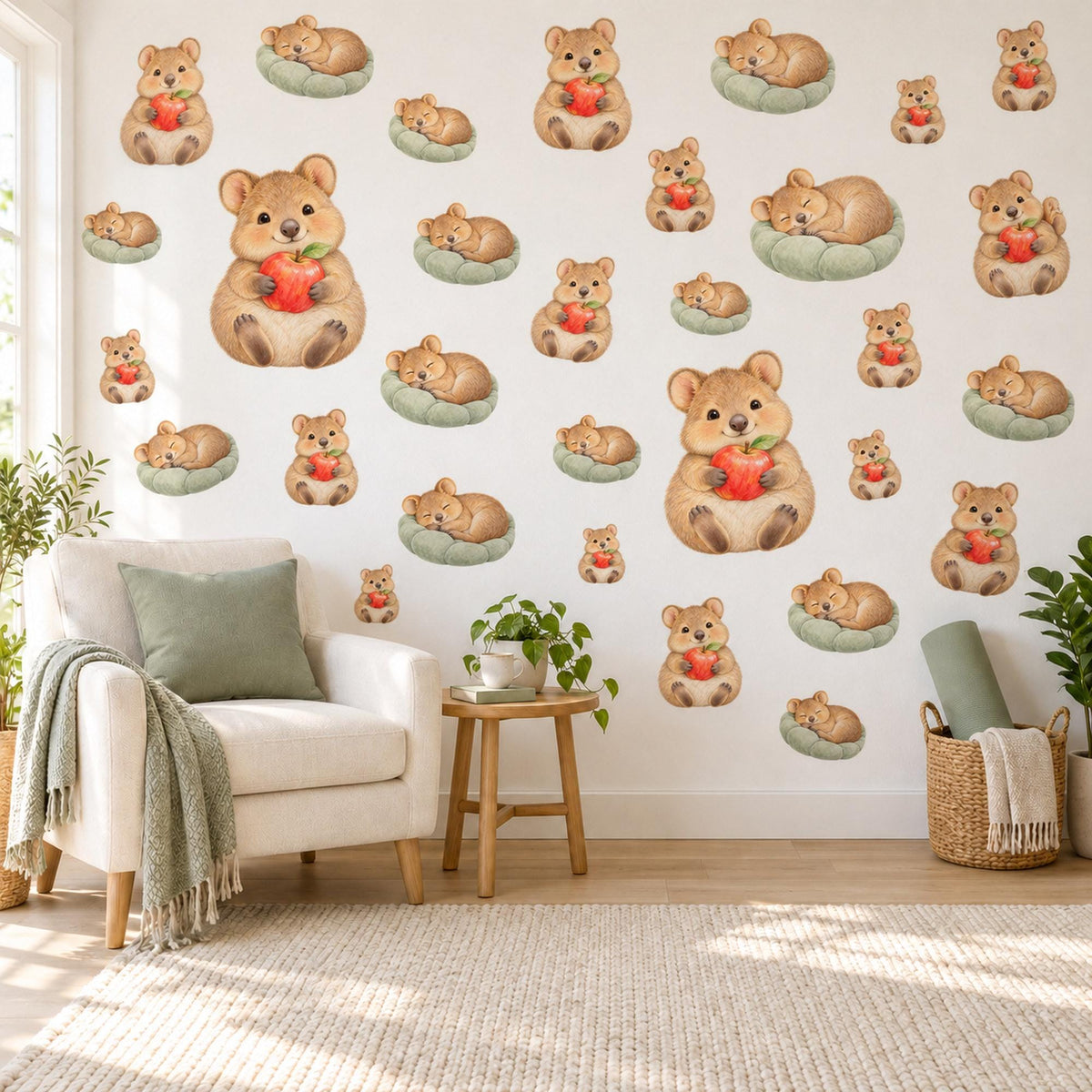 Quokka Wall Stickers, Australian Animal Nursery Decor, Cute Quokkas with Apples Wall Decals, Caramel Sage Red Kids Room Peel and Stick Art