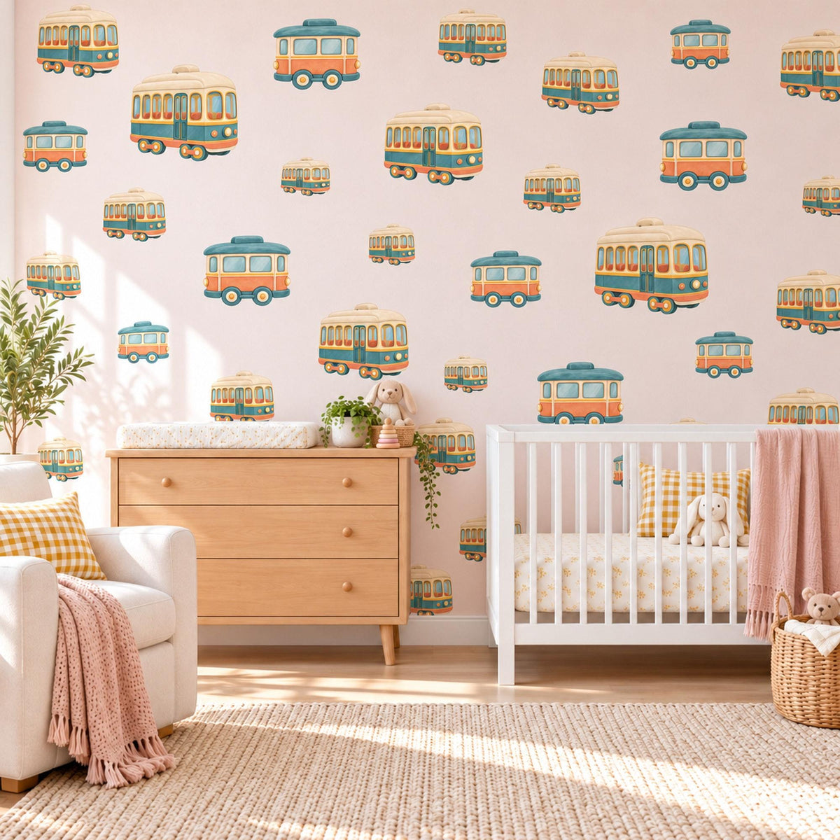 Tram Wall Stickers, Vintage Trolley Car Nursery Decor, Retro Tram Wall Decals, Teal Orange Cream Transport Kids Room Peel and Stick Art