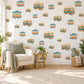 Tram Wall Stickers, Vintage Trolley Car Nursery Decor, Retro Tram Wall Decals, Teal Orange Cream Transport Kids Room Peel and Stick Art