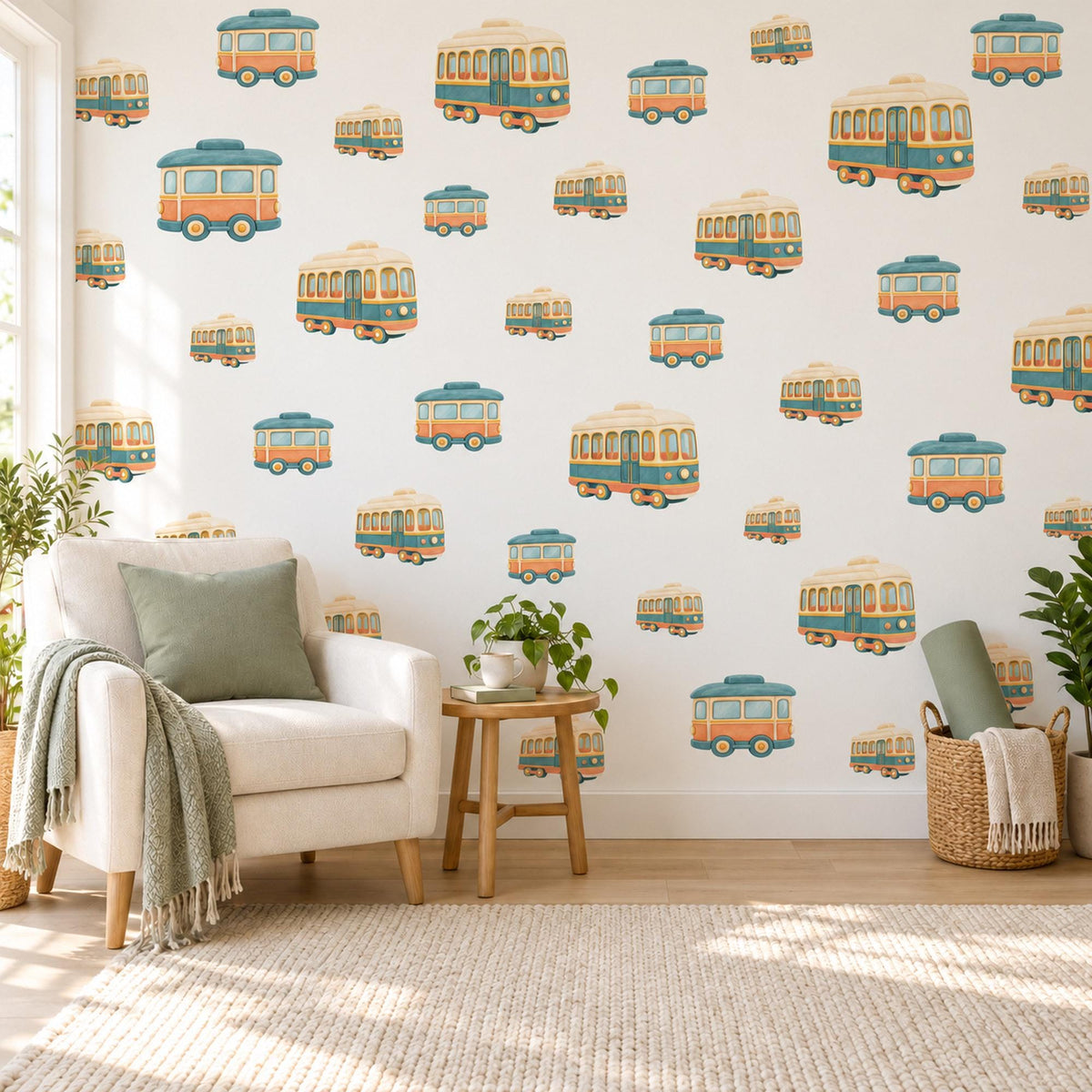 Tram Wall Stickers, Vintage Trolley Car Nursery Decor, Retro Tram Wall Decals, Teal Orange Cream Transport Kids Room Peel and Stick Art