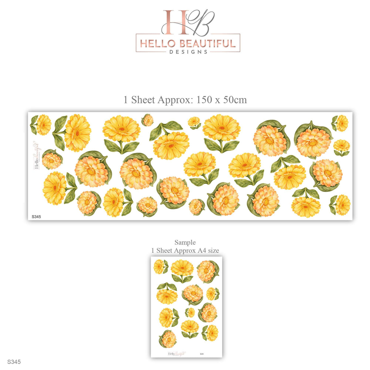 Calendula Wall Stickers, Yellow Flower Nursery Decor, Sunny Calendula Blooms Wall Decals, Golden Apricot Green Floral Peel and Stick Art