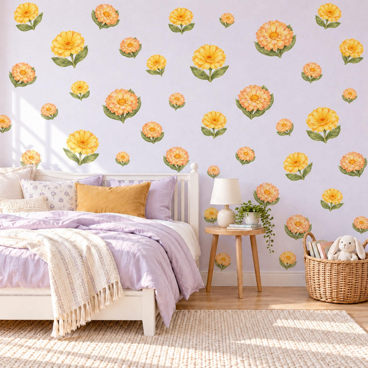 Calendula Wall Stickers, Yellow Flower Nursery Decor, Sunny Calendula Blooms Wall Decals, Golden Apricot Green Floral Peel and Stick Art