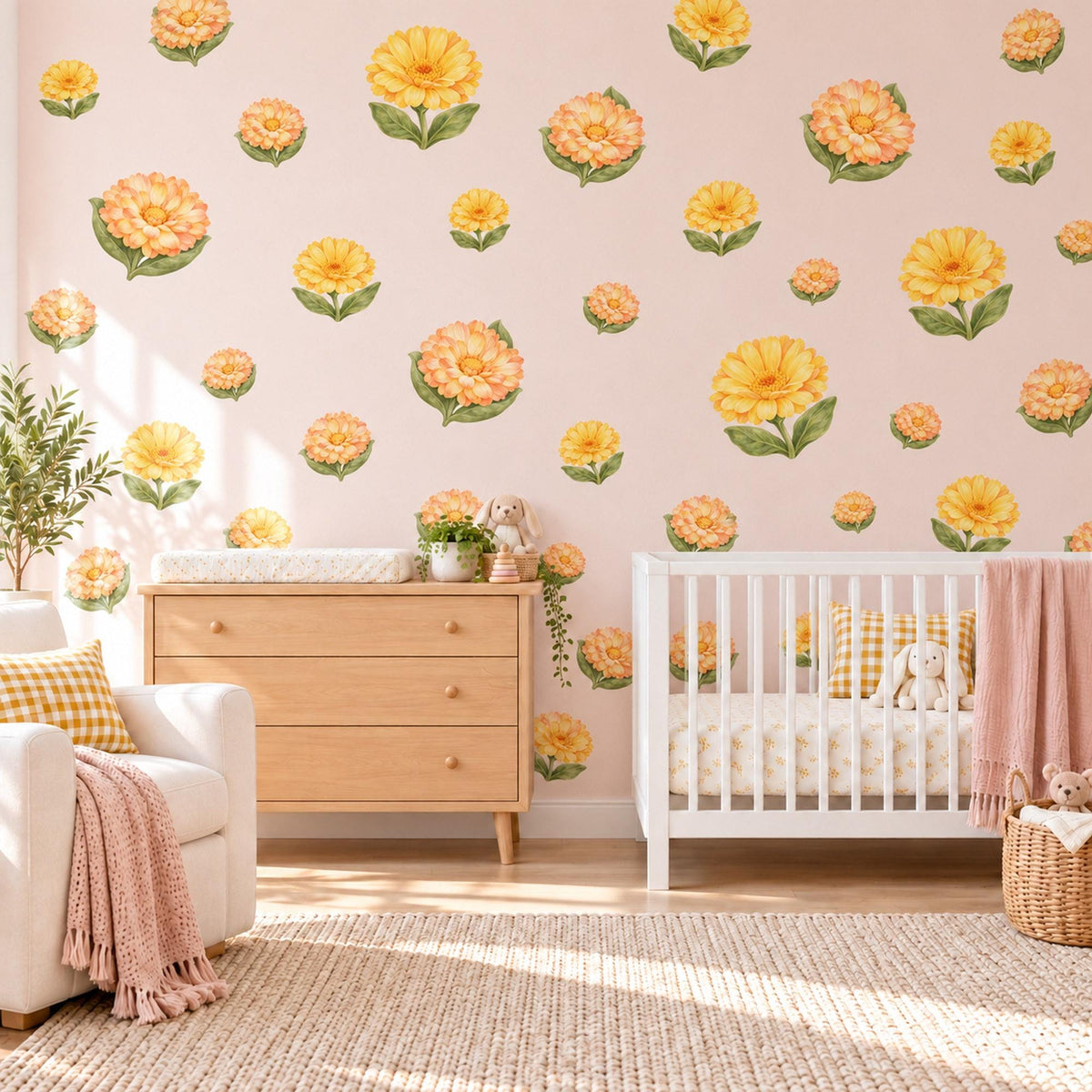 Calendula Wall Stickers, Yellow Flower Nursery Decor, Sunny Calendula Blooms Wall Decals, Golden Apricot Green Floral Peel and Stick Art