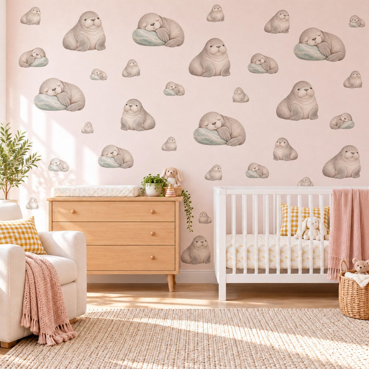 Walrus Wall Stickers, Baby Walrus Nursery Decor, Sleepy Arctic Walrus Wall Decals, Taupe Sage Neutral Kids Room Peel and Stick Wall Art