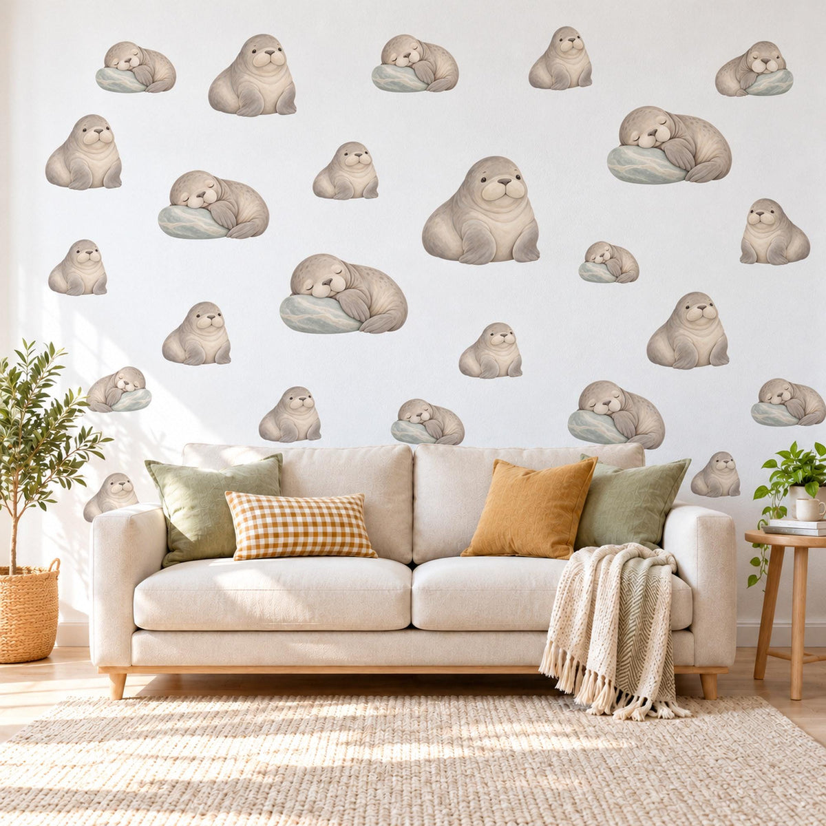 Walrus Wall Stickers, Baby Walrus Nursery Decor, Sleepy Arctic Walrus Wall Decals, Taupe Sage Neutral Kids Room Peel and Stick Wall Art