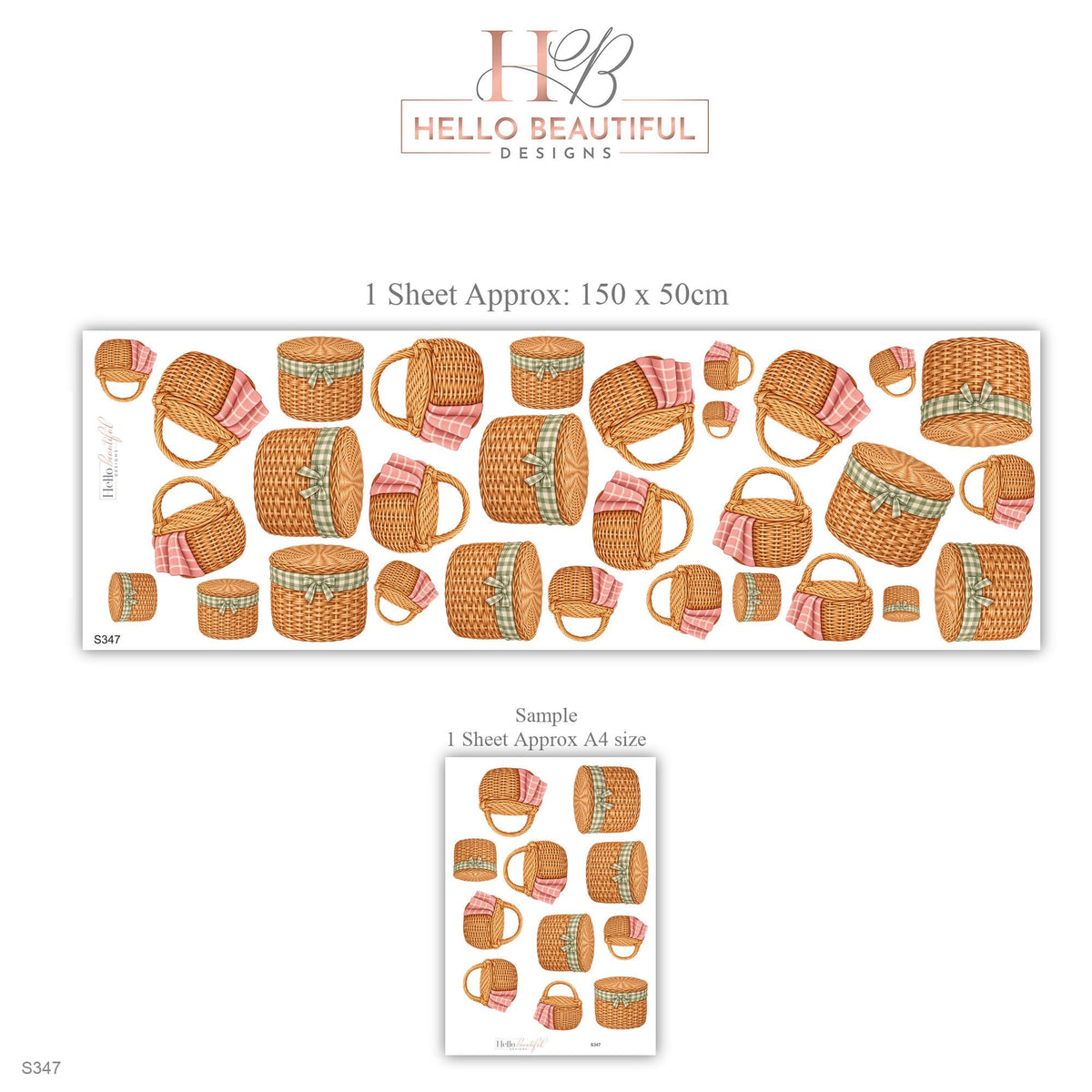 Picnic Basket Wall Stickers, Wicker Basket Kitchen Decor, Gingham Picnic Wall Decals, Honey Pink Sage Cottagecore Peel and Stick Wall Art