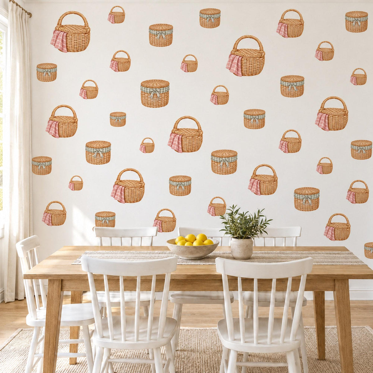 Picnic Basket Wall Stickers, Wicker Basket Kitchen Decor, Gingham Picnic Wall Decals, Honey Pink Sage Cottagecore Peel and Stick Wall Art