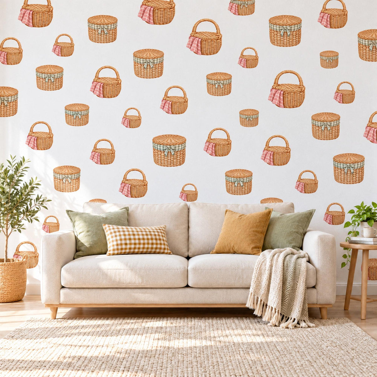 Picnic Basket Wall Stickers, Wicker Basket Kitchen Decor, Gingham Picnic Wall Decals, Honey Pink Sage Cottagecore Peel and Stick Wall Art