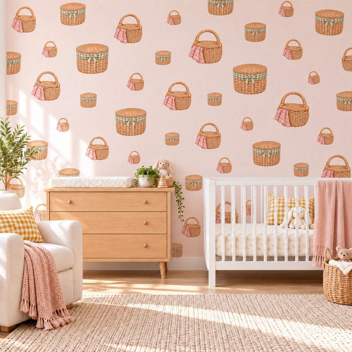 Picnic Basket Wall Stickers, Wicker Basket Kitchen Decor, Gingham Picnic Wall Decals, Honey Pink Sage Cottagecore Peel and Stick Wall Art