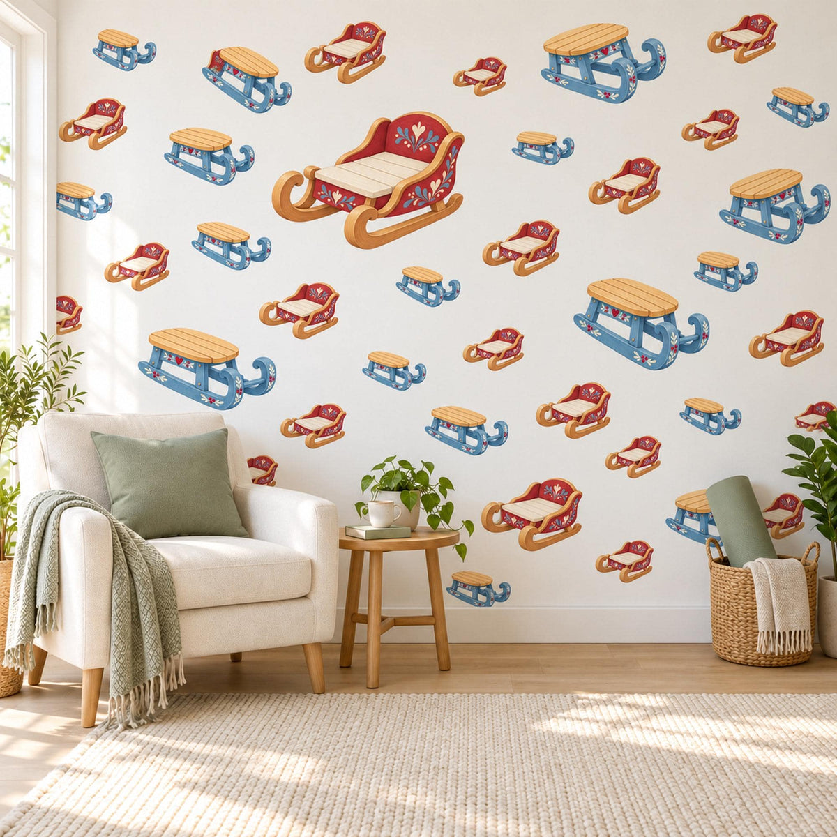 Sled Wall Stickers, Vintage Sledge Christmas Decor, Winter Toy Sleigh Wall Decals, Red Blue Nordic Kids Room Peel and Stick Wall Art