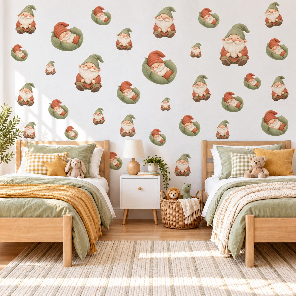 Gnome Wall Stickers, Garden Gnome Nursery Decor, Sleepy Gnome Wall Decals, Sage Terracotta Storybook Kids Room Peel and Stick Wall Art
