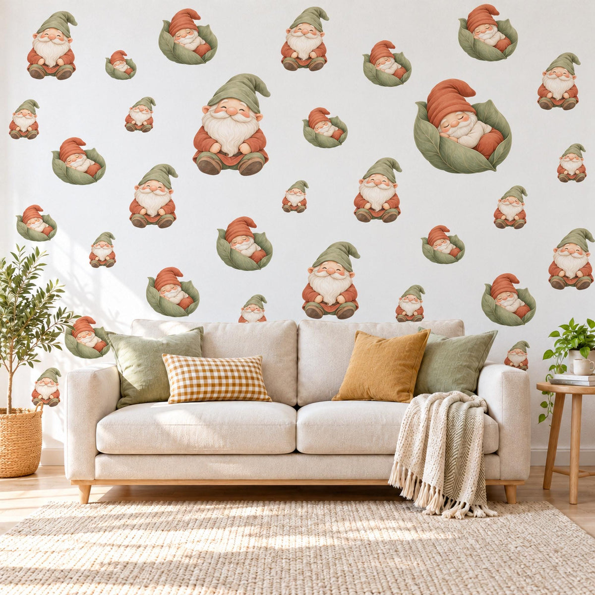 Gnome Wall Stickers, Garden Gnome Nursery Decor, Sleepy Gnome Wall Decals, Sage Terracotta Storybook Kids Room Peel and Stick Wall Art