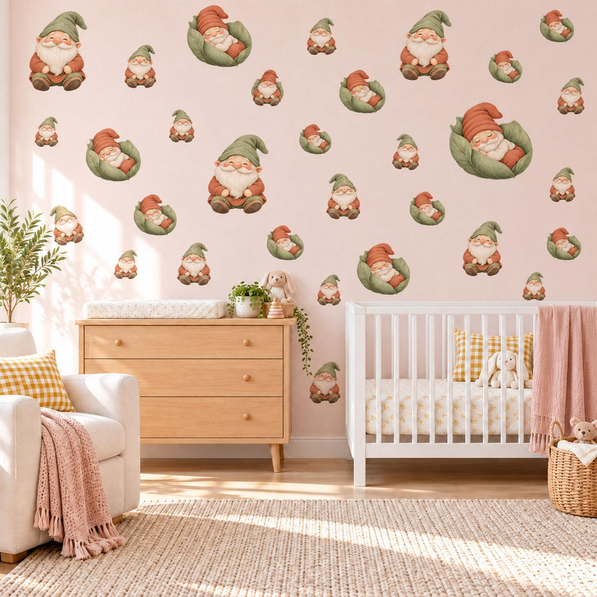 Gnome Wall Stickers, Garden Gnome Nursery Decor, Sleepy Gnome Wall Decals, Sage Terracotta Storybook Kids Room Peel and Stick Wall Art