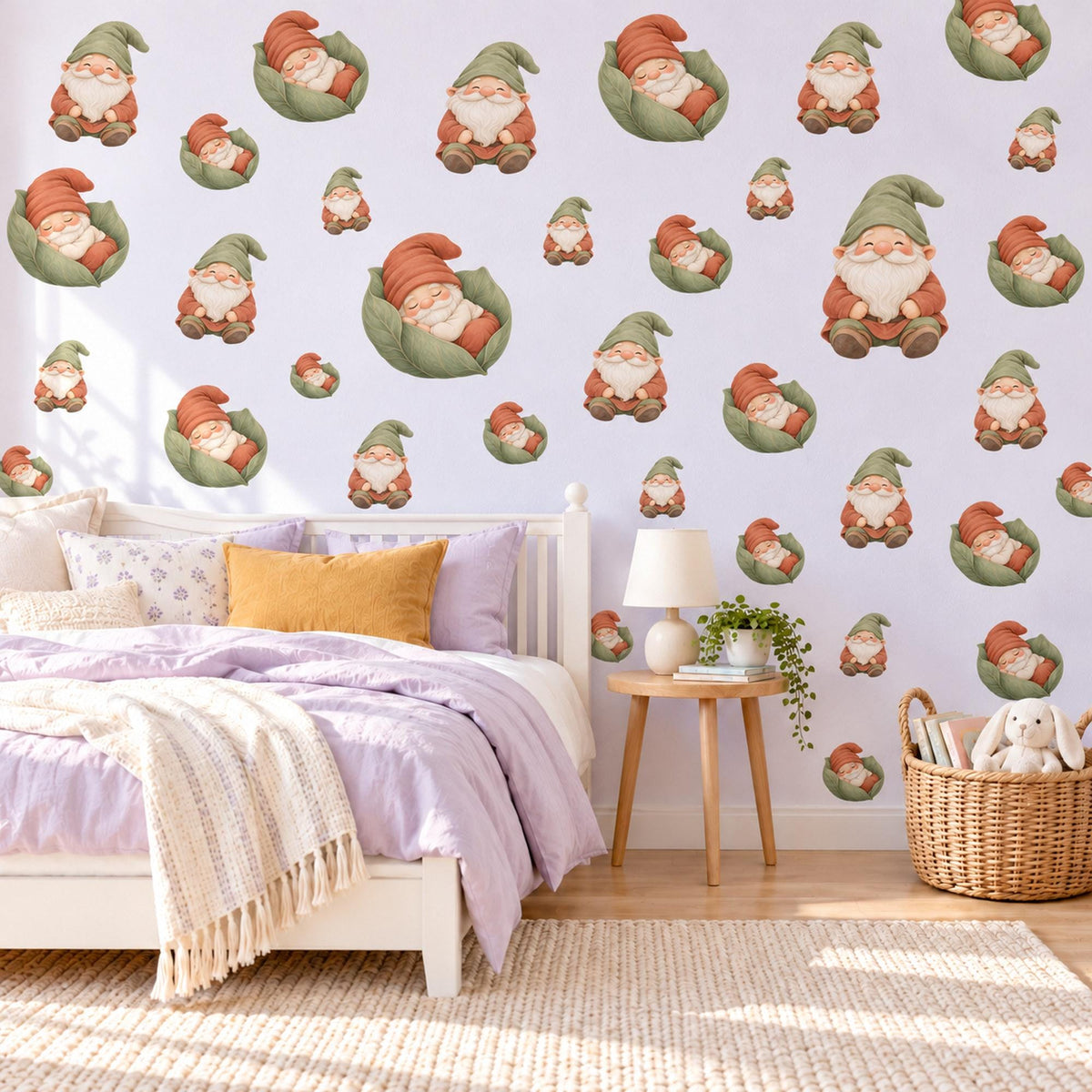 Gnome Wall Stickers, Garden Gnome Nursery Decor, Sleepy Gnome Wall Decals, Sage Terracotta Storybook Kids Room Peel and Stick Wall Art