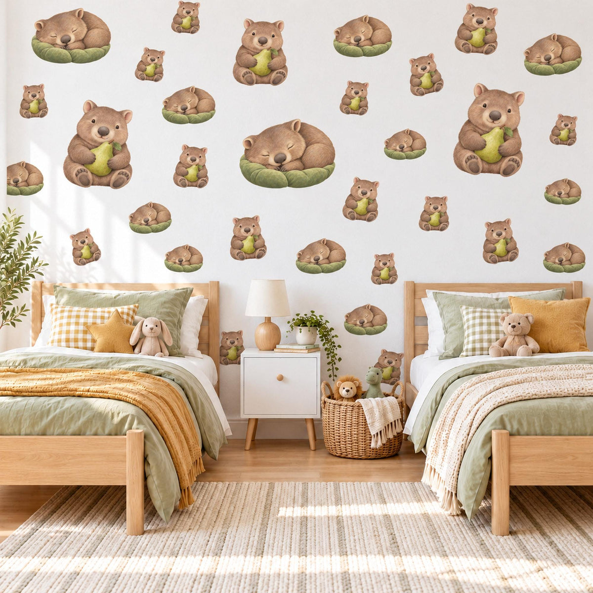 Wombat Wall Stickers, Baby Wombat Nursery Decor, Australian Animal Wall Decals, Pear Green Cocoa Kids Room Peel and Stick Wall Art