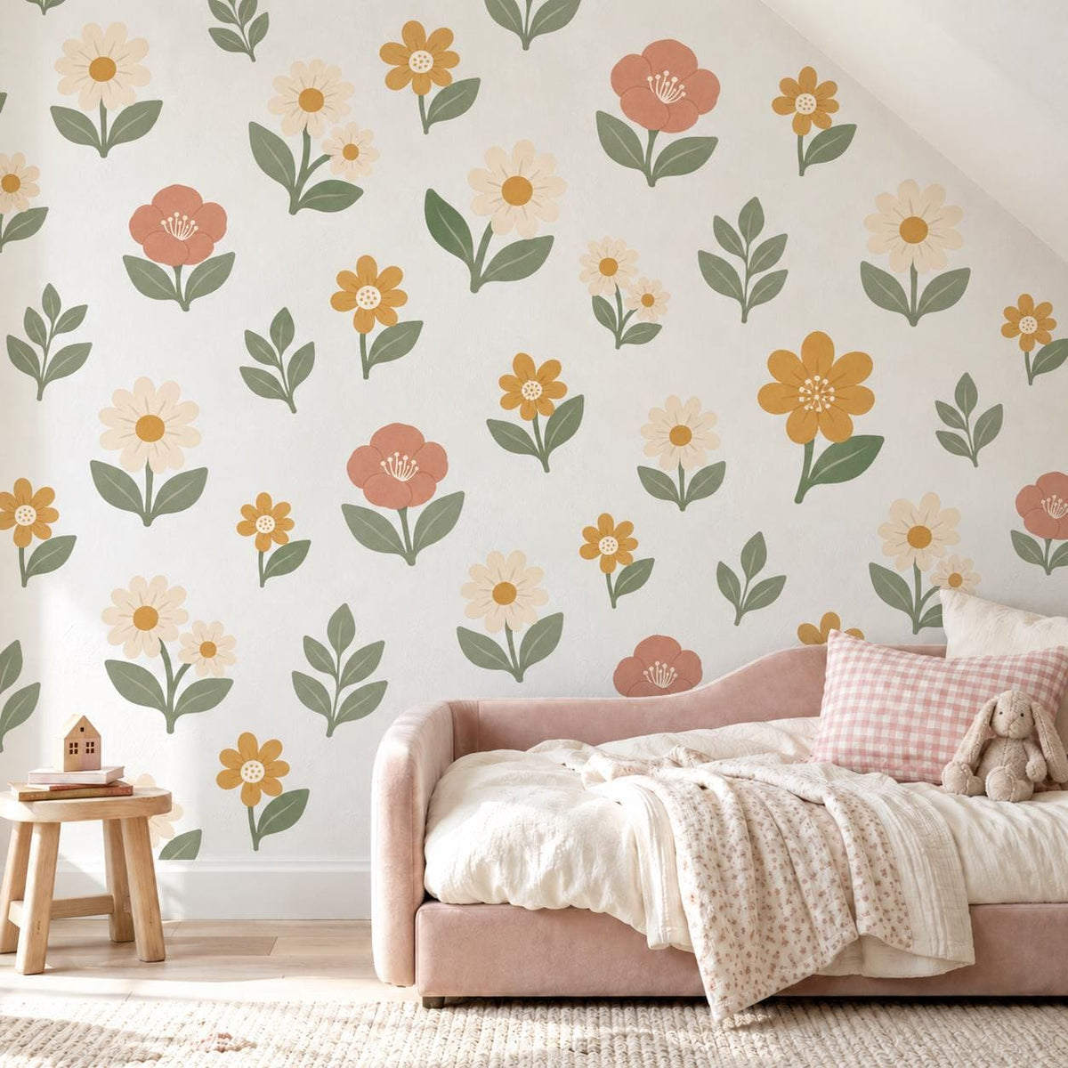 Boho Floral Wall Stickers, Daisy Nursery Decor, Wildflower Wall Decals, Girls Kids Room Sage Green Terracotta Peel and Stick Art
