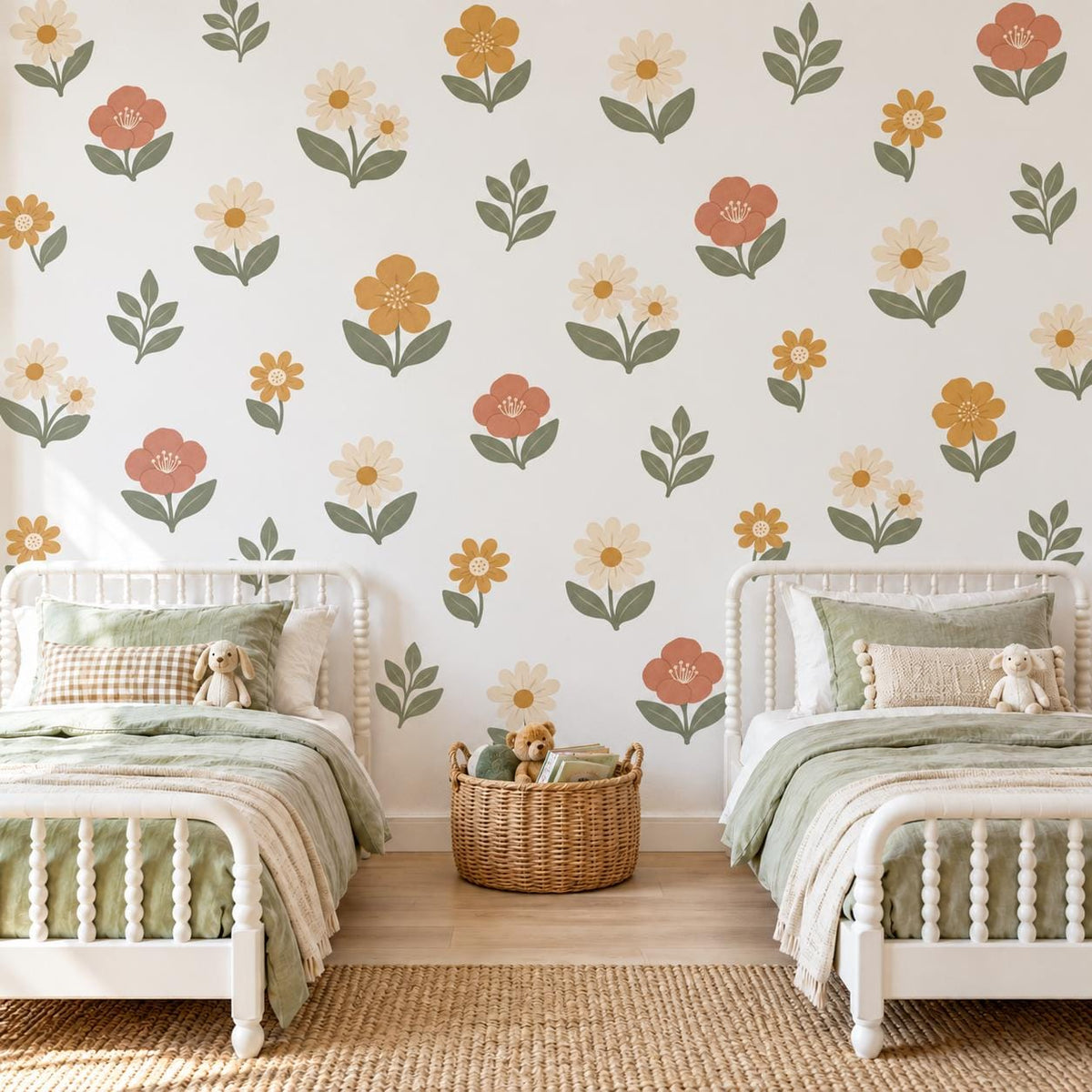Boho Floral Wall Stickers, Daisy Nursery Decor, Wildflower Wall Decals, Girls Kids Room Sage Green Terracotta Peel and Stick Art