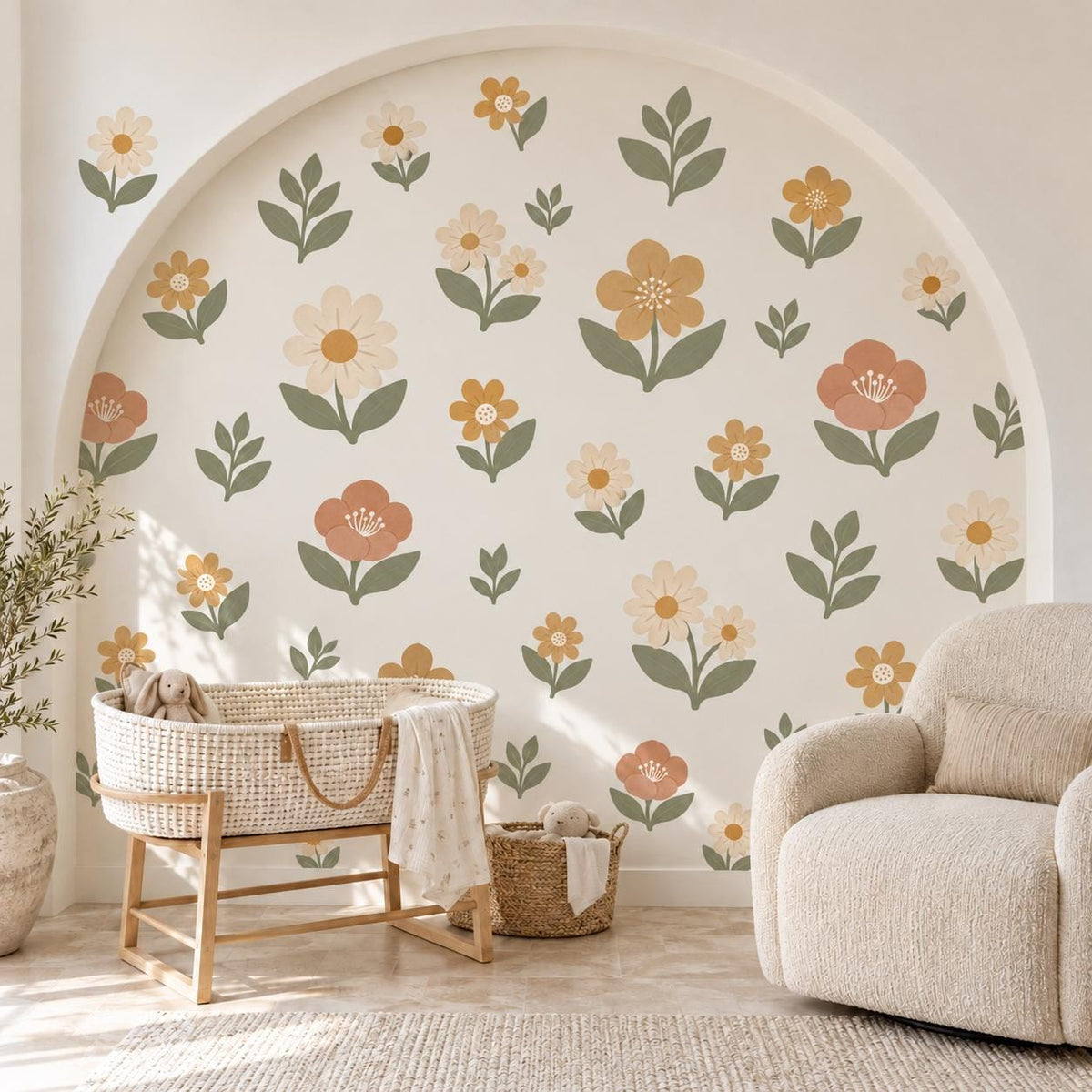 Boho Floral Wall Stickers, Daisy Nursery Decor, Wildflower Wall Decals, Girls Kids Room Sage Green Terracotta Peel and Stick Art