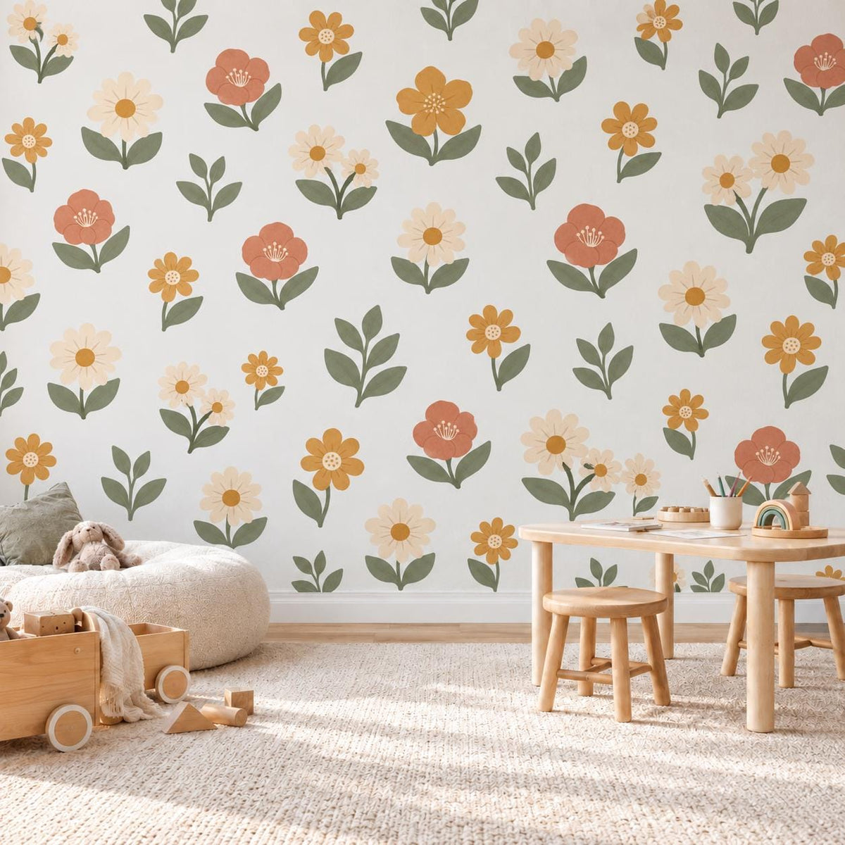 Boho Floral Wall Stickers, Daisy Nursery Decor, Wildflower Wall Decals, Girls Kids Room Sage Green Terracotta Peel and Stick Art
